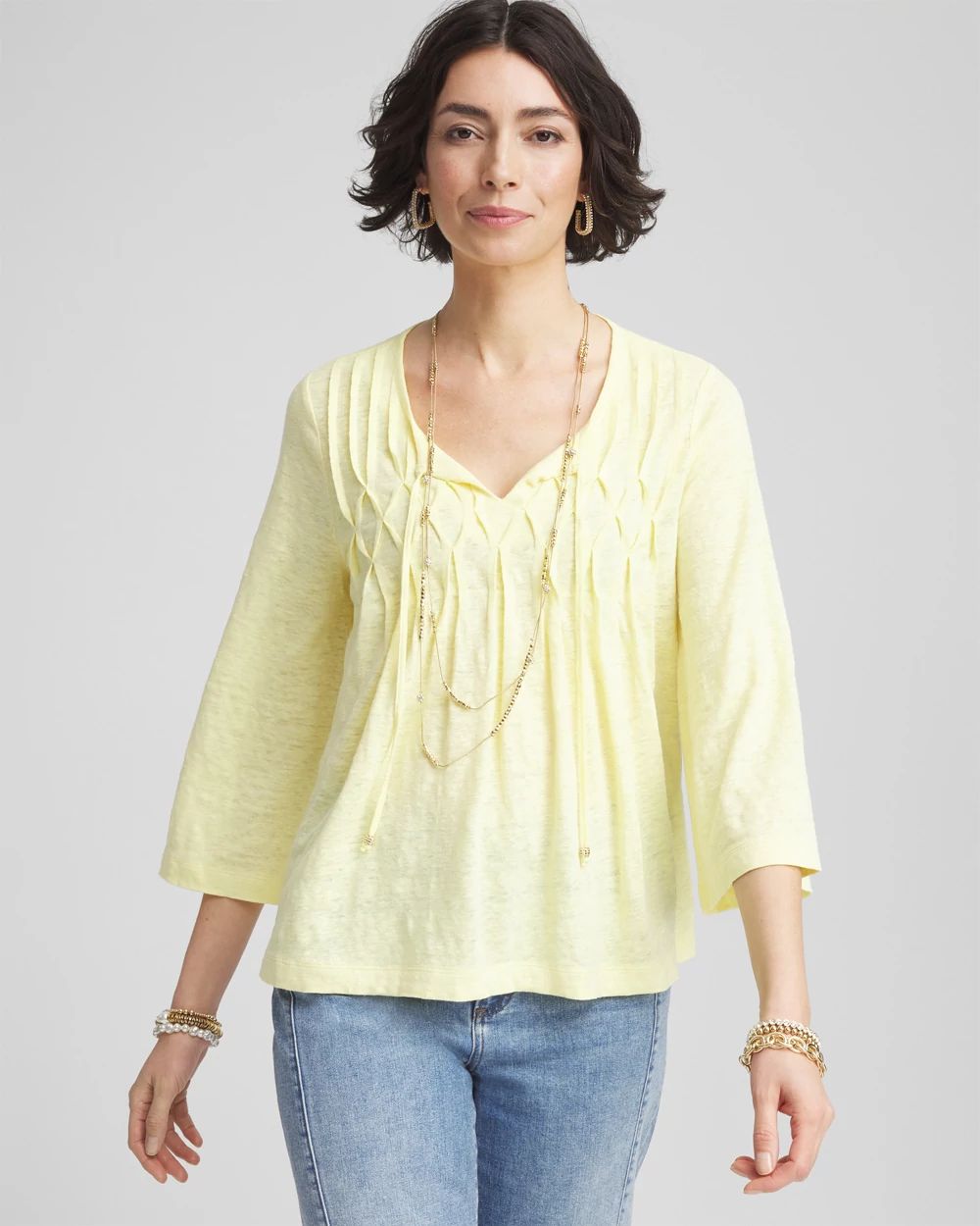 トップス Linder hand paint knit Pintuck Linen Notched-Neck Tee | Chico's